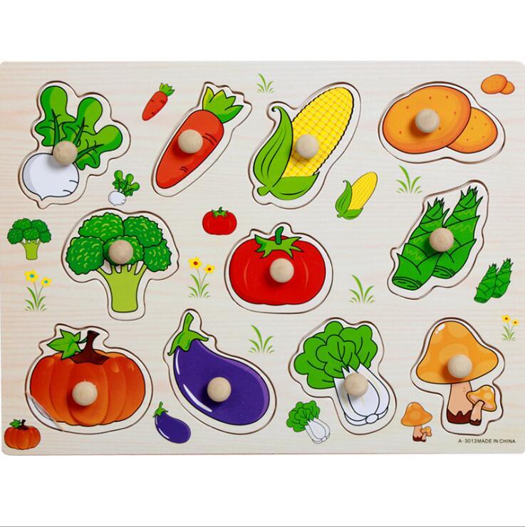 Kid Early Educational Table With Shapes of Vegetables and Animals Baby Hand Grasp Wooden Puzzle Toy Alphabet And Digit Learning Education Child Wood Toy 12