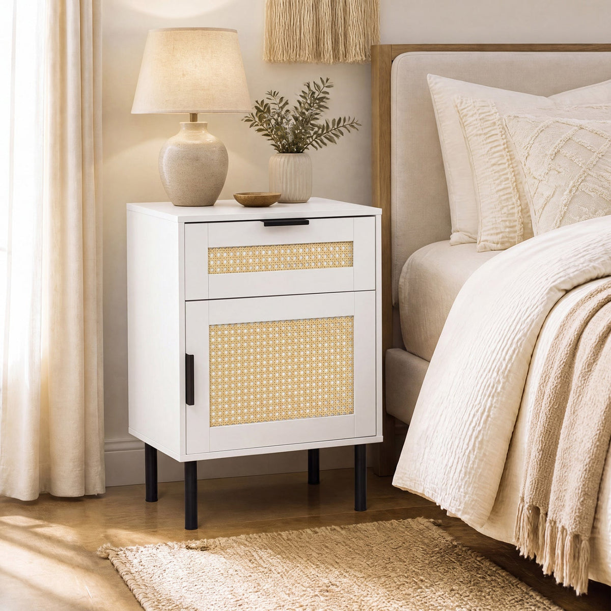 Rattan Nightstand with Drawer and Storage Cabinet 9