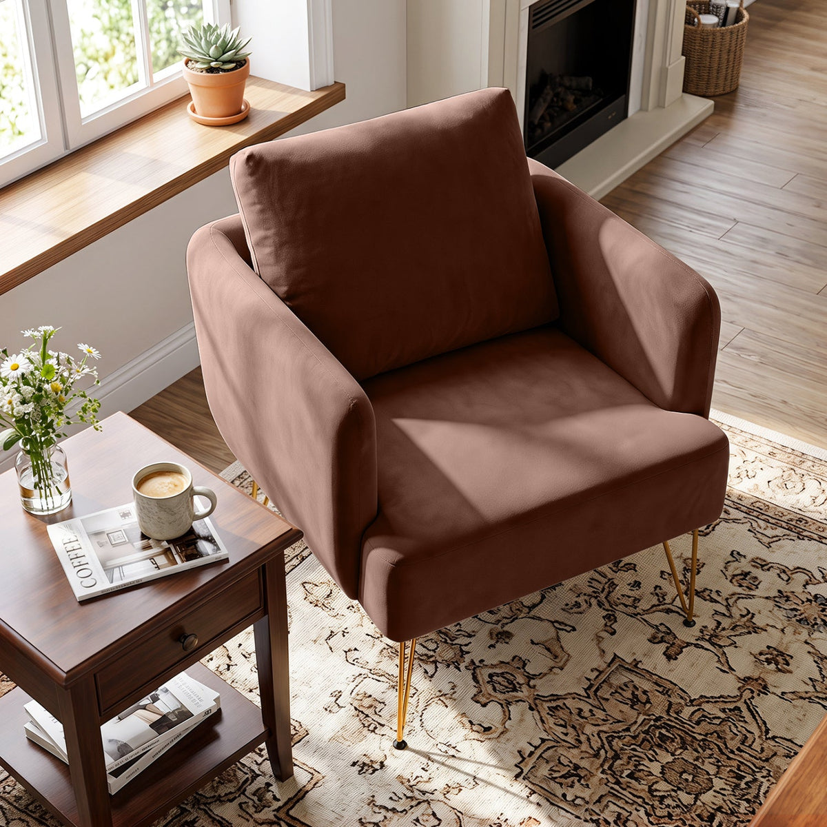 Velvet Accent Chair with Back Cushion and Golden Metal Legs 8