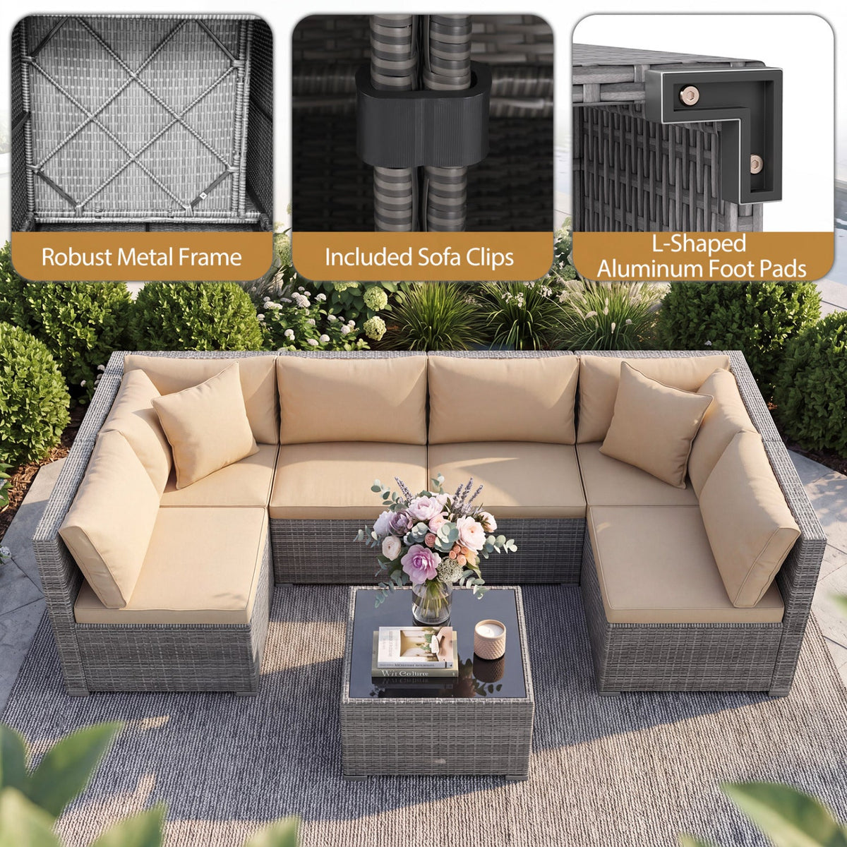 7 Pieces Patio Rattan Furniture Set Sectional Sofa Garden Cushion 51