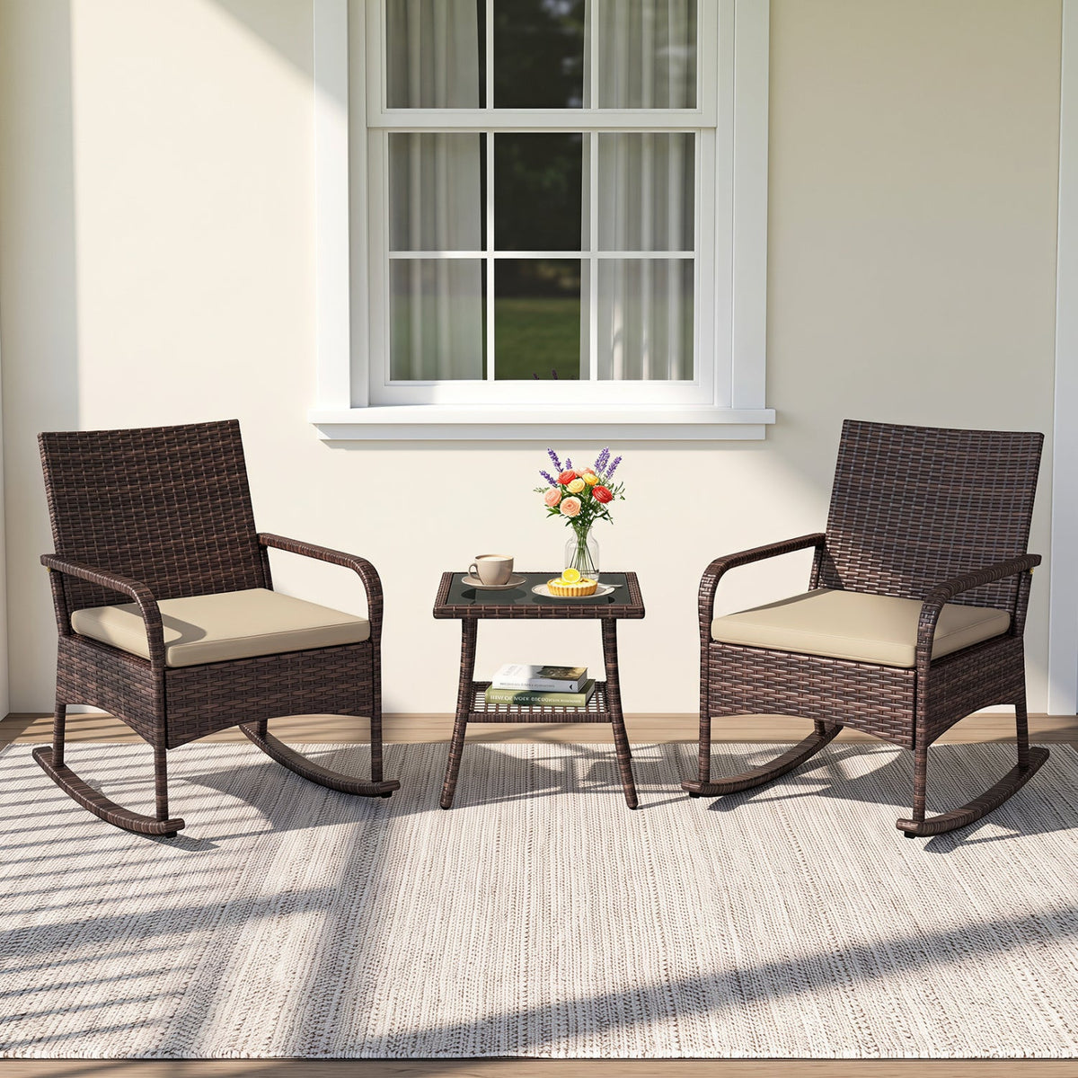 3-Piece Rocking Bistro Set with Cushions & Side Table 17
