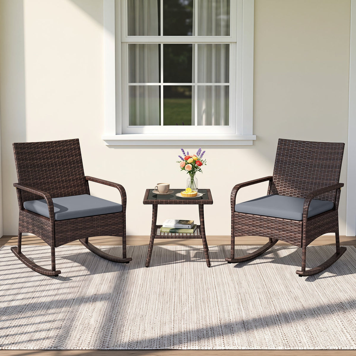 3-Piece Rocking Bistro Set with Cushions & Side Table 18