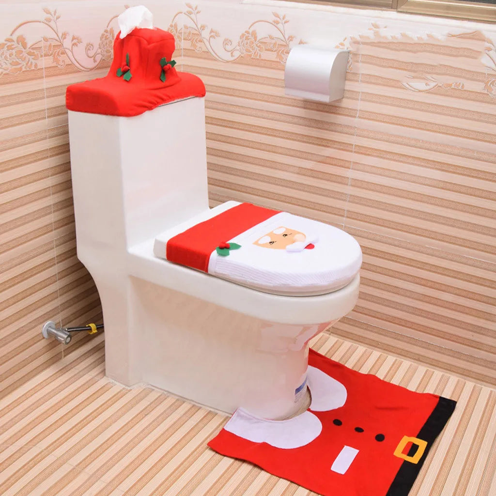 3PC Christmas Closestool Cover Santa Claus Toilet Seat And Tissue Cover Set Christmas Decorations For Bathroom Mat kerst decorat 1