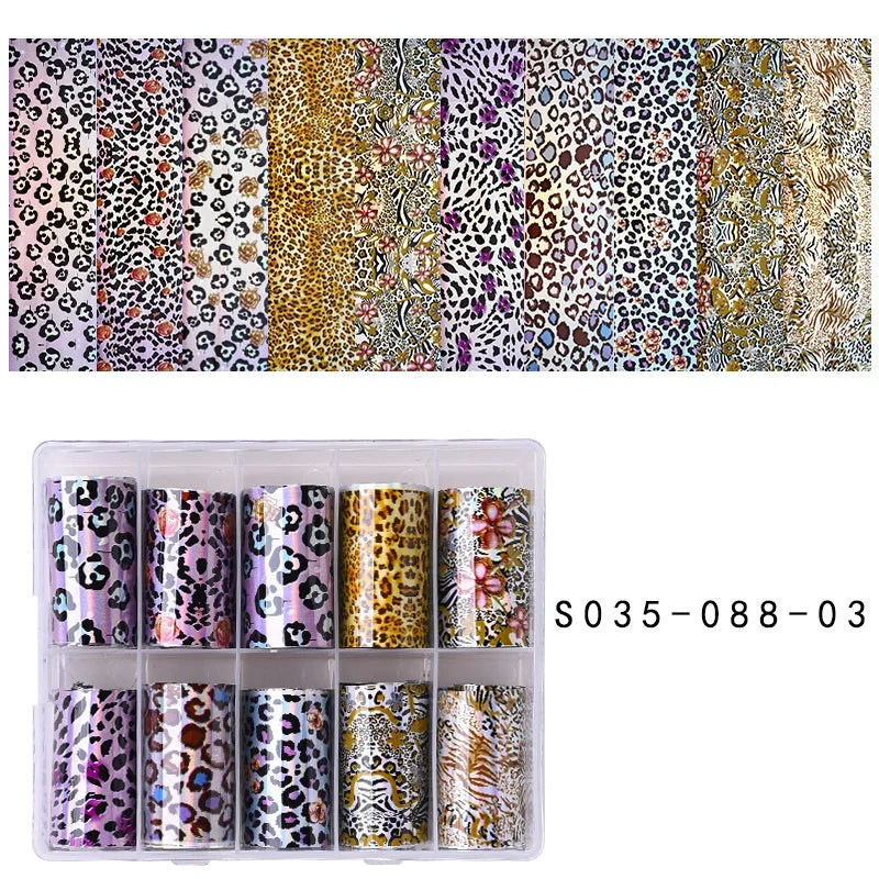 10 Rolls Leopard Print Nail Foils Transfer Paper Amber Nail Art Stickers Snake Skin Manicure Set Decal Animal Nails Decoration 21