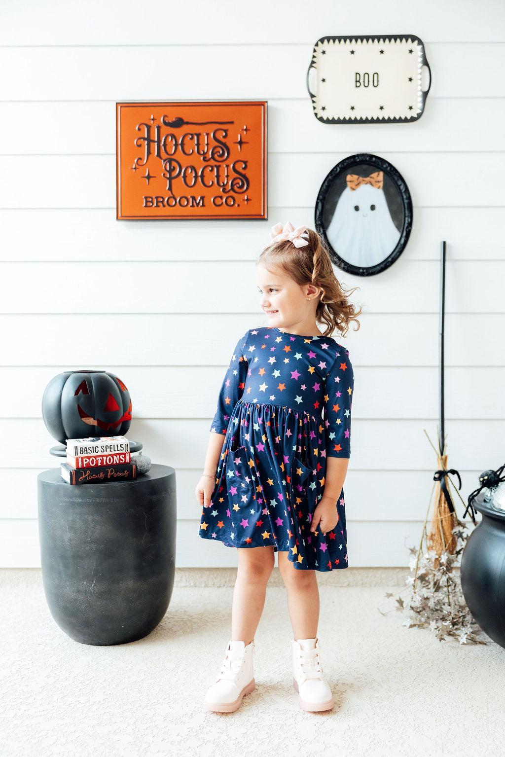 Halloween Stars 3/4 Sleeve Pocket Twirl Dress 3