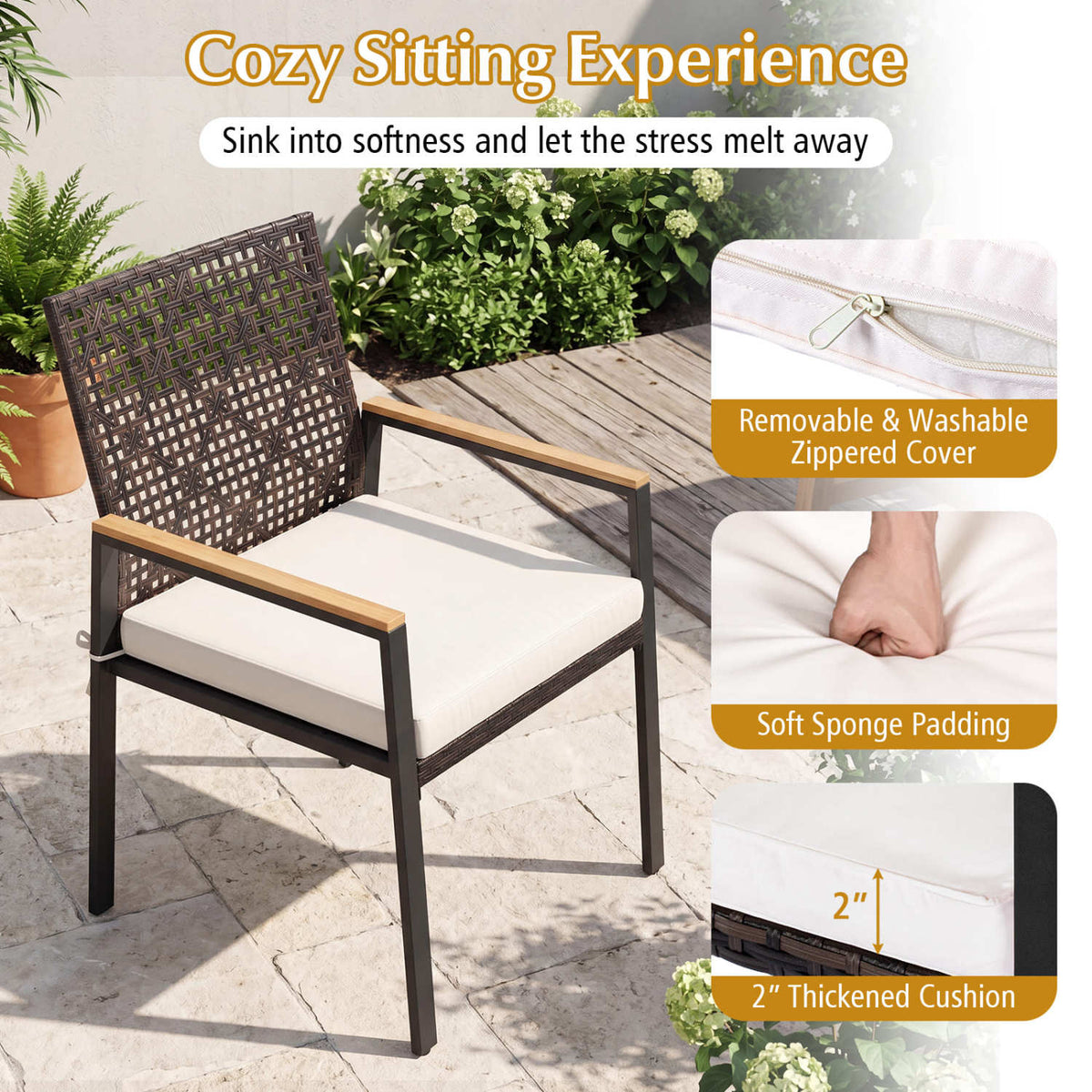 Patio Dining Chairs Set of 4 with Acacia Wood Armrests 7
