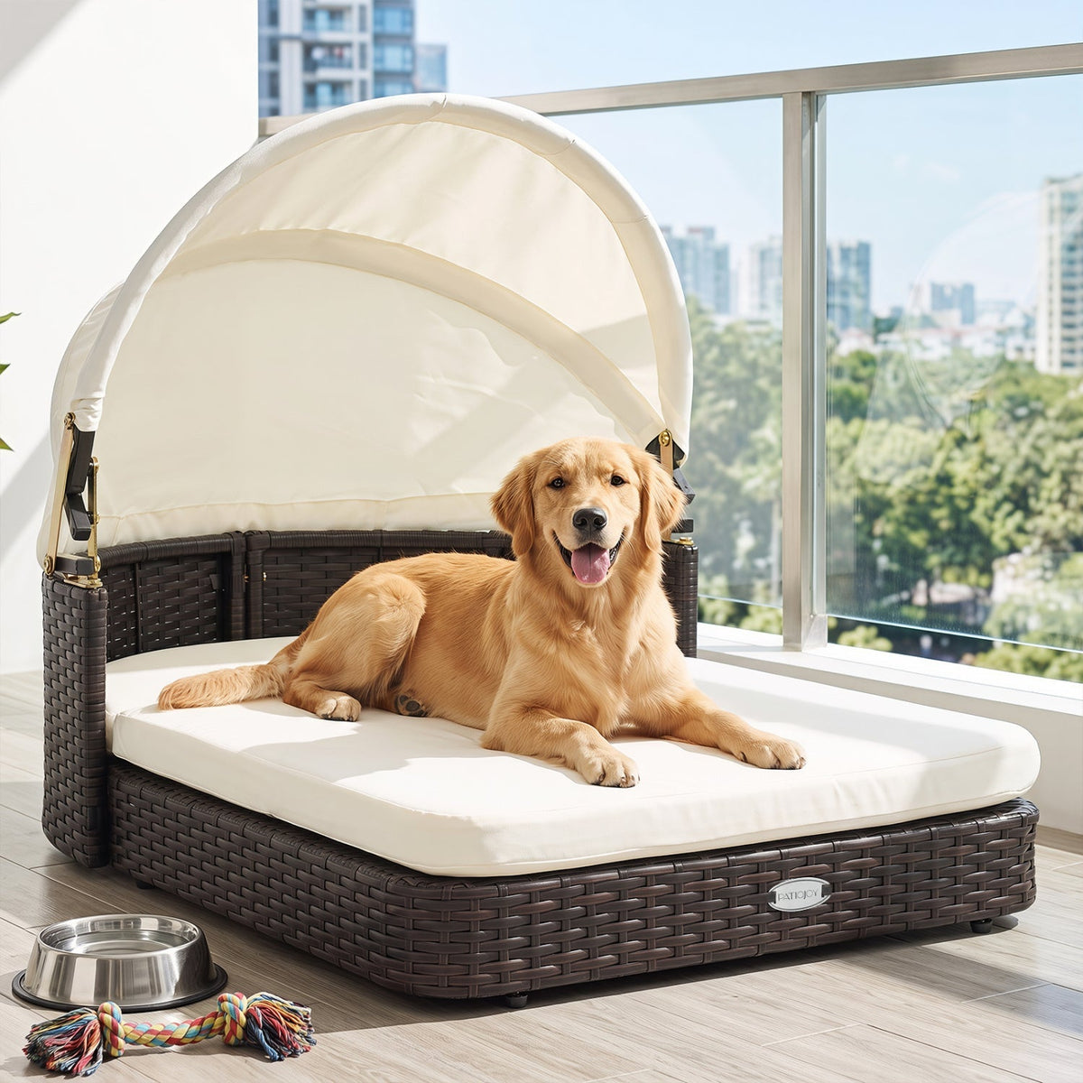 Rattan Pet Daybed with Adjustable Canopy for Small & Medium Dogs 2