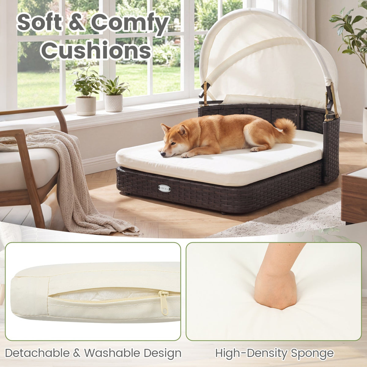 Rattan Pet Daybed with Adjustable Canopy for Small & Medium Dogs 8