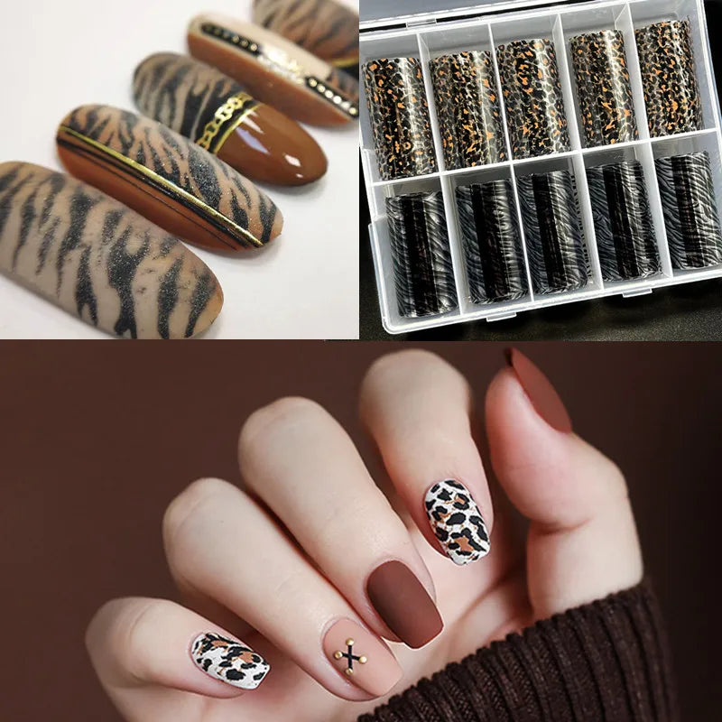 10 Rolls Leopard Print Nail Foils Transfer Paper Amber Nail Art Stickers Snake Skin Manicure Set Decal Animal Nails Decoration 19