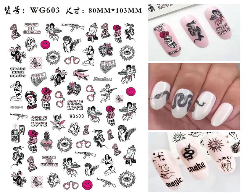 Nail Sticker Snake  Dragon Butterfly Black Multicolor Decals Nail Art Tattoo Slider Water Transfer Letter Nails Art Decoration 41