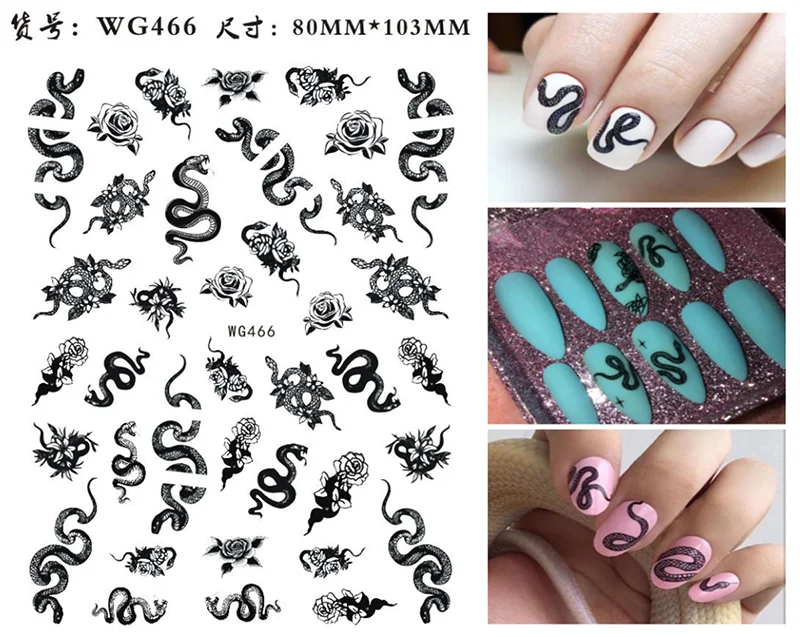 Nail Sticker Snake  Dragon Butterfly Black Multicolor Decals Nail Art Tattoo Slider Water Transfer Letter Nails Art Decoration 40
