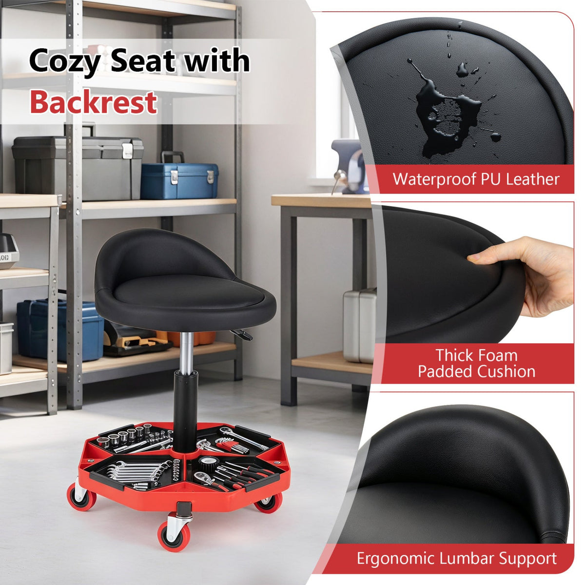 Adjustable Rolling Mechanic Seat with Storage Tray 7