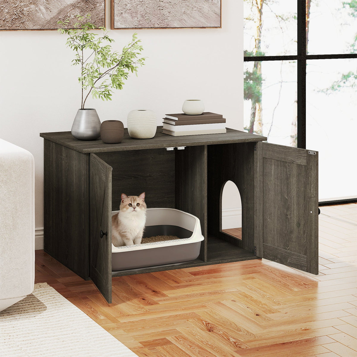 Hidden Cat Litter Box Enclosure Furniture with Divider-Oak 1