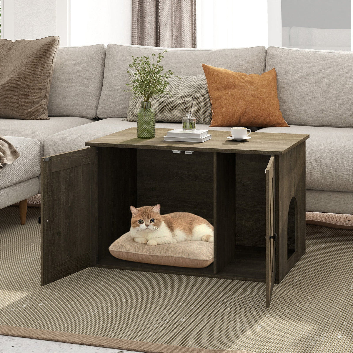 Hidden Cat Litter Box Enclosure Furniture with Divider-Oak 2