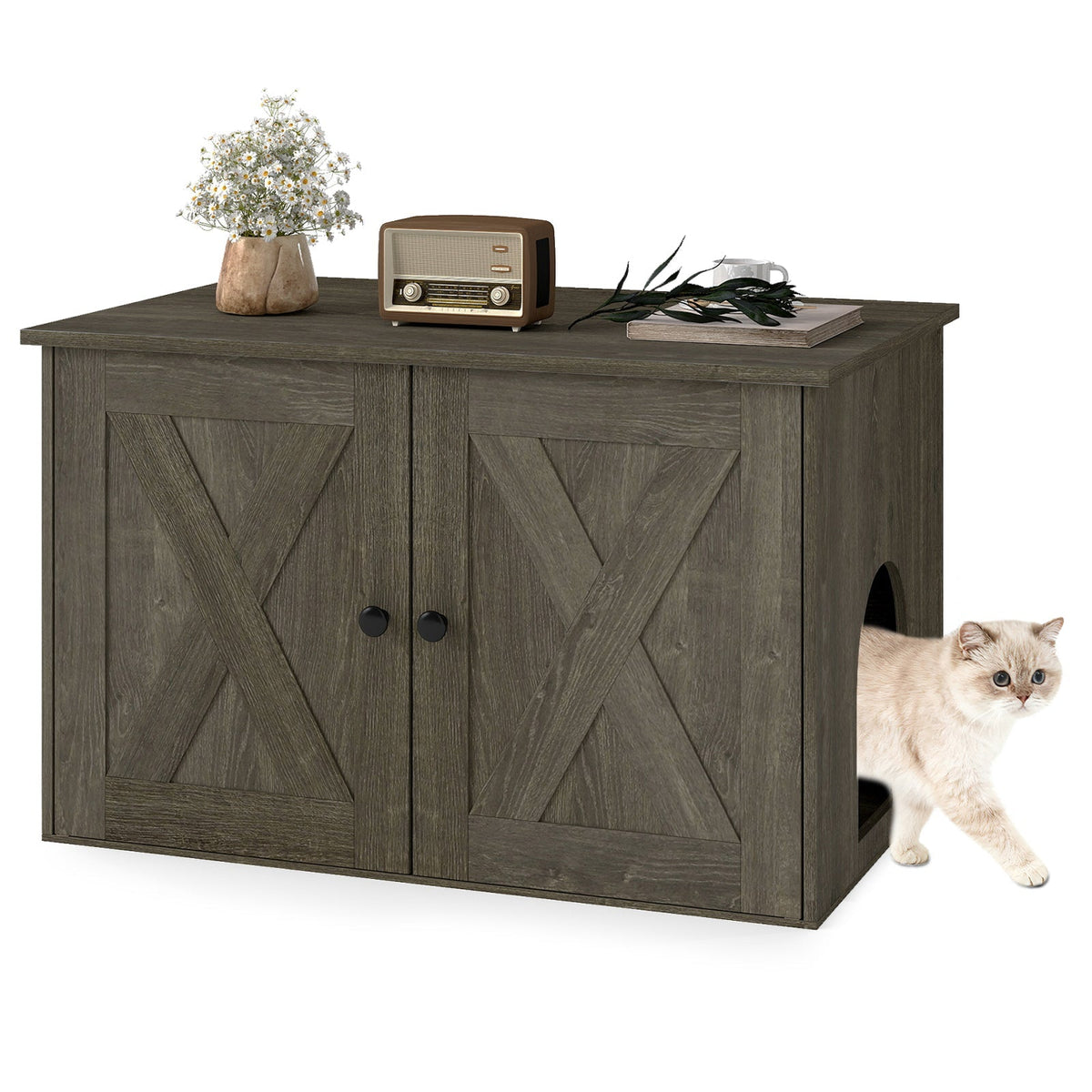 Hidden Cat Litter Box Enclosure Furniture with Divider-Oak 3