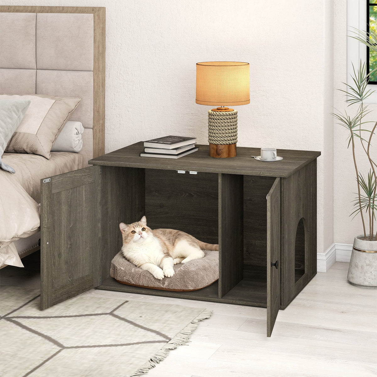 Hidden Cat Litter Box Enclosure Furniture with Divider-Oak 5