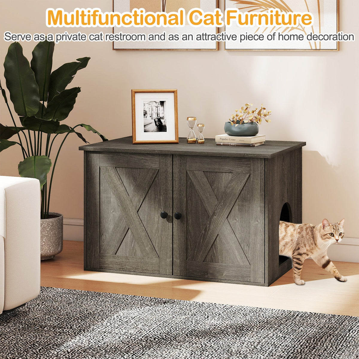 Hidden Cat Litter Box Enclosure Furniture with Divider-Oak 7