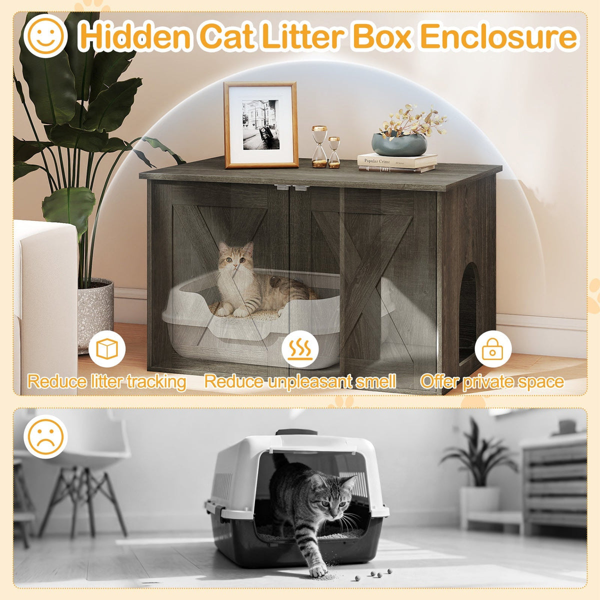 Hidden Cat Litter Box Enclosure Furniture with Divider-Oak 8