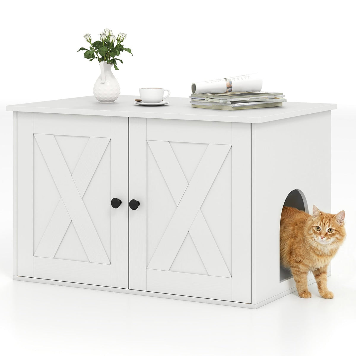 Hidden Cat Litter Box Enclosure Furniture with Divider-Oak 9