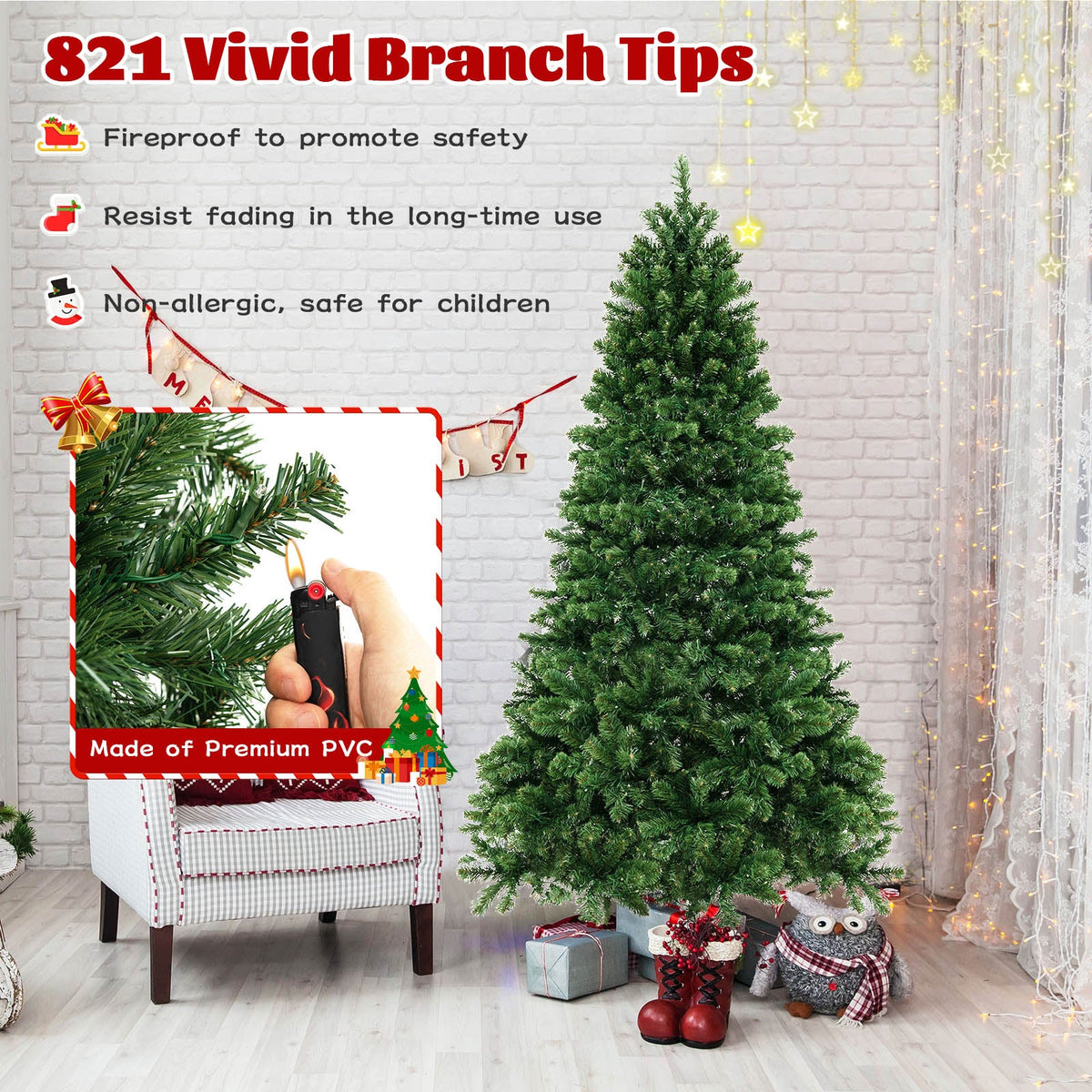 6/7/8 Feet Hinged Christmas Tree with PVC Branch Tips Warm White LED Lights 7