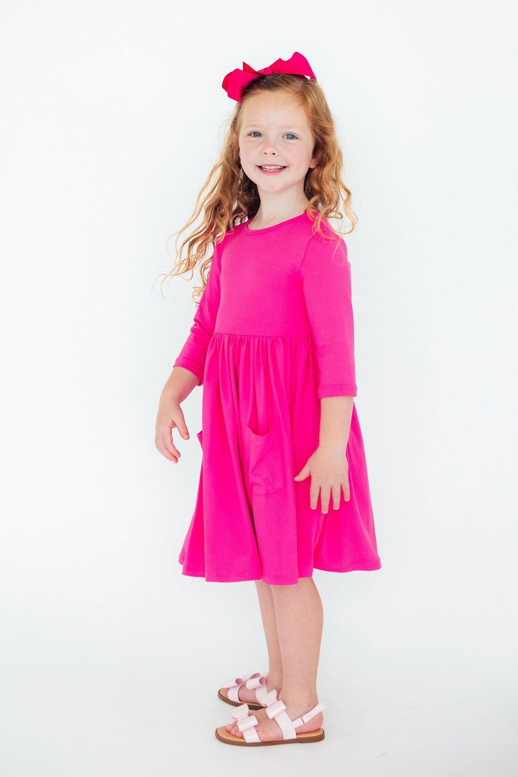 Hot Pink 3/4 Sleeve Pocket Twirl Dress 2