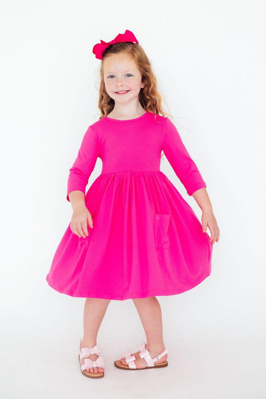 Hot Pink 3/4 Sleeve Pocket Twirl Dress 3