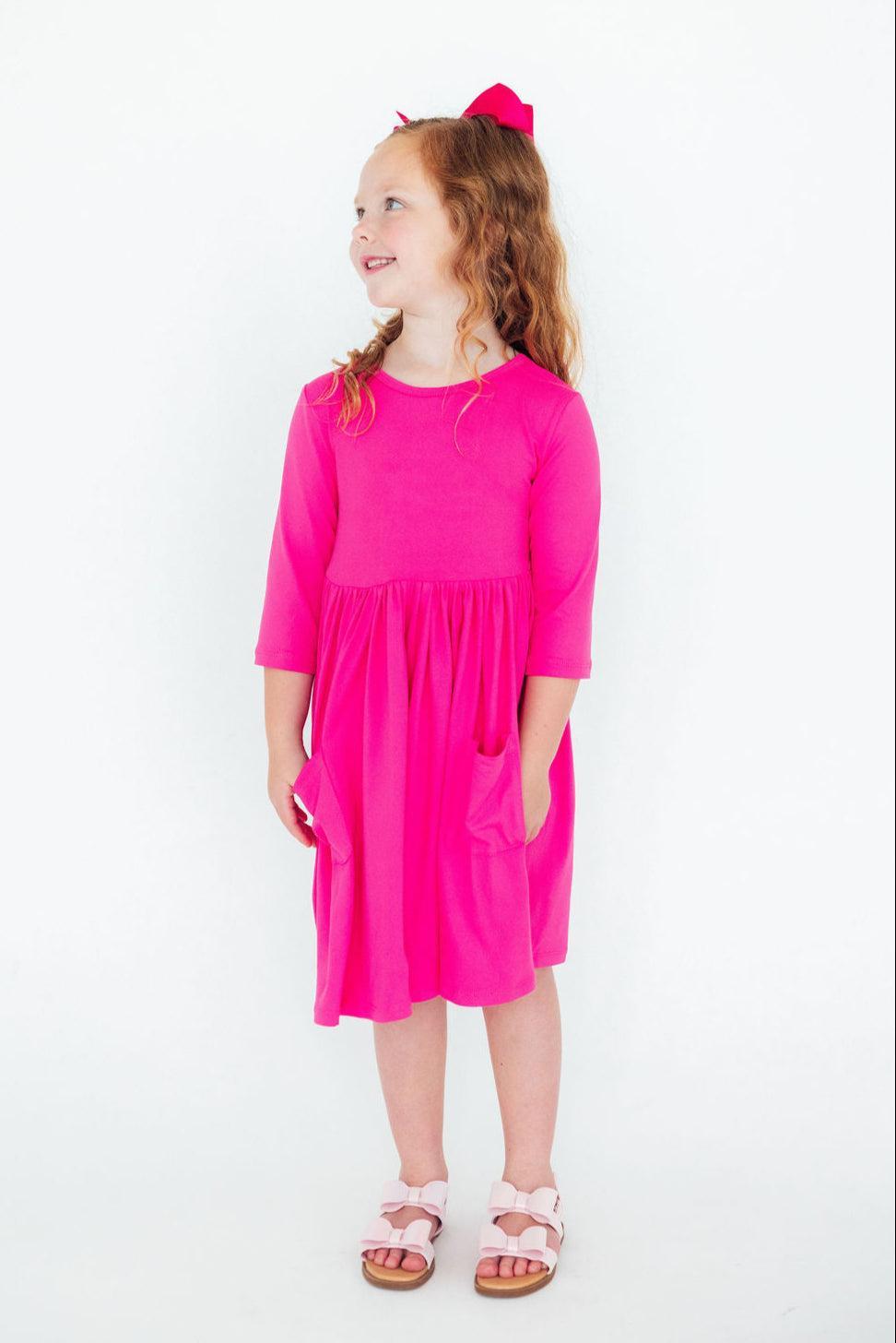 Hot Pink 3/4 Sleeve Pocket Twirl Dress 4