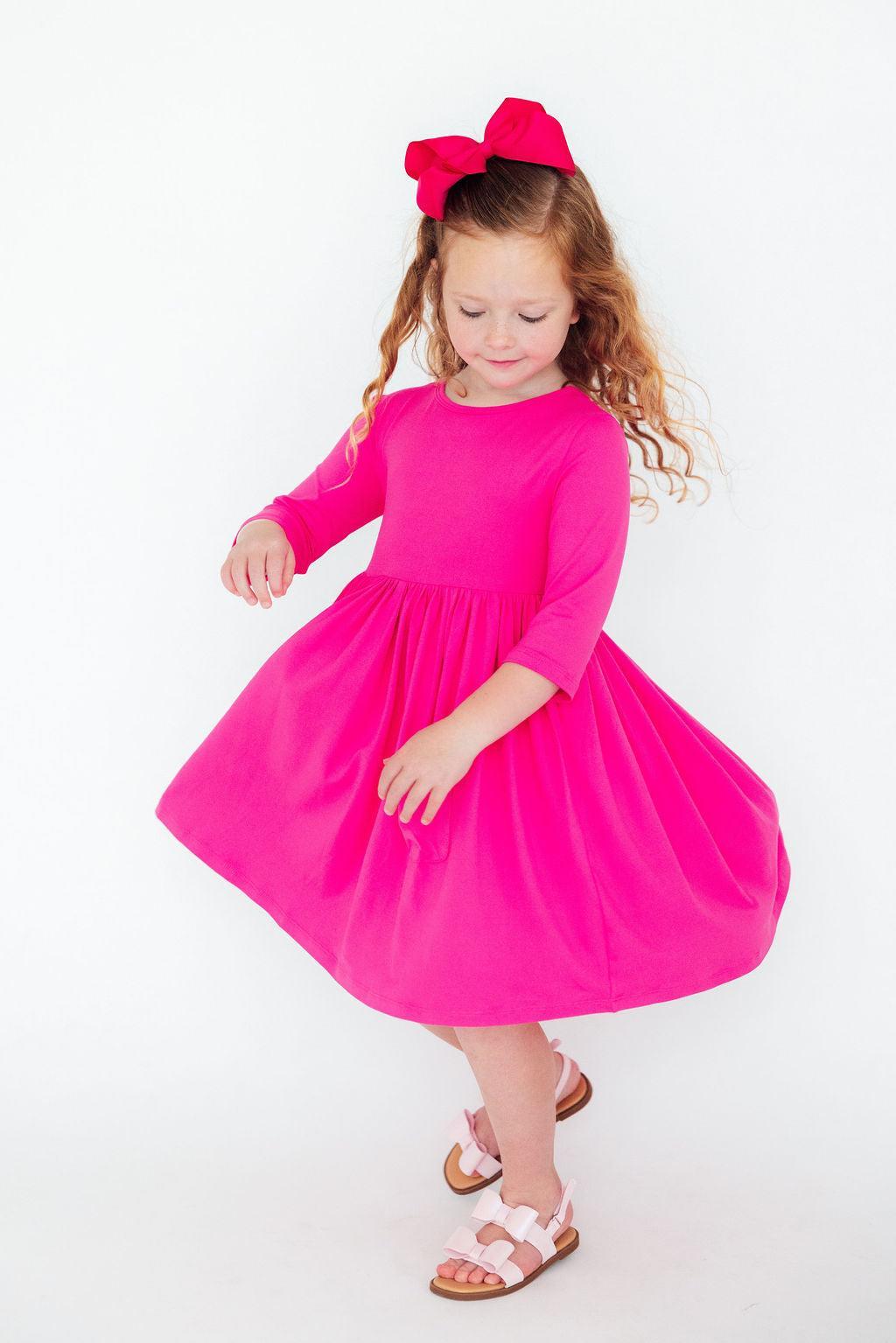 Hot Pink 3/4 Sleeve Pocket Twirl Dress 1