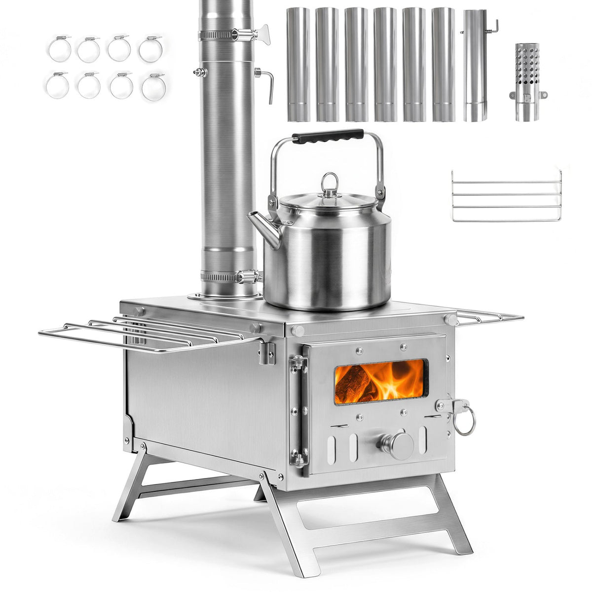 Portable Wood Burning Tent Stove with 7 Chimney Pipes 3