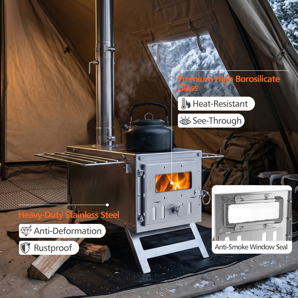 Portable Wood Burning Tent Stove with 7 Chimney Pipes 5