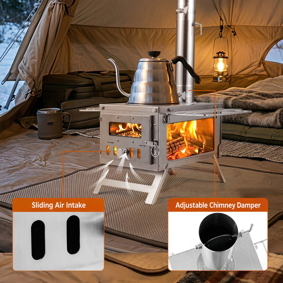 Portable Wood Burning Tent Stove with 7 Chimney Pipes 6
