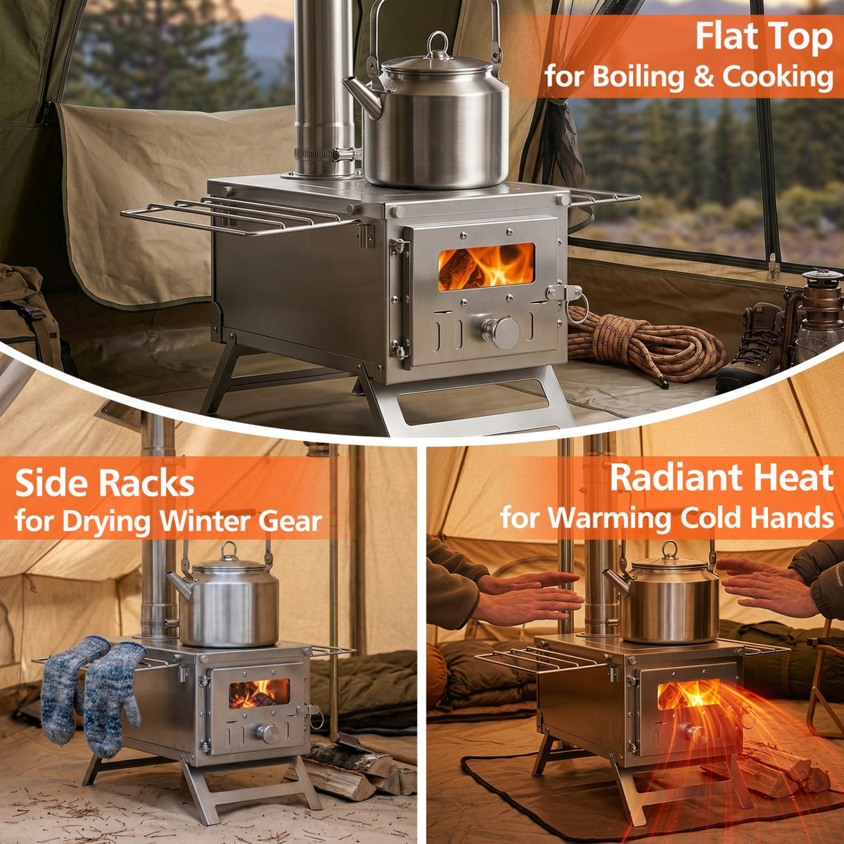 Portable Wood Burning Tent Stove with 7 Chimney Pipes 8