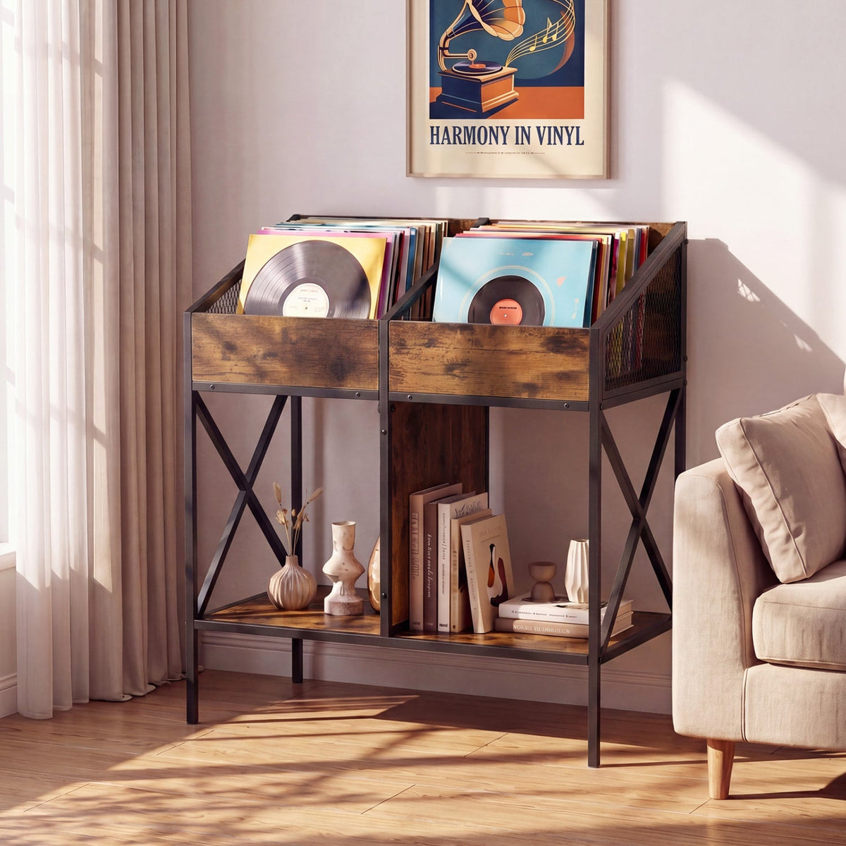 Industrial Vinyl Record Storage Rack with Metal Frame 1