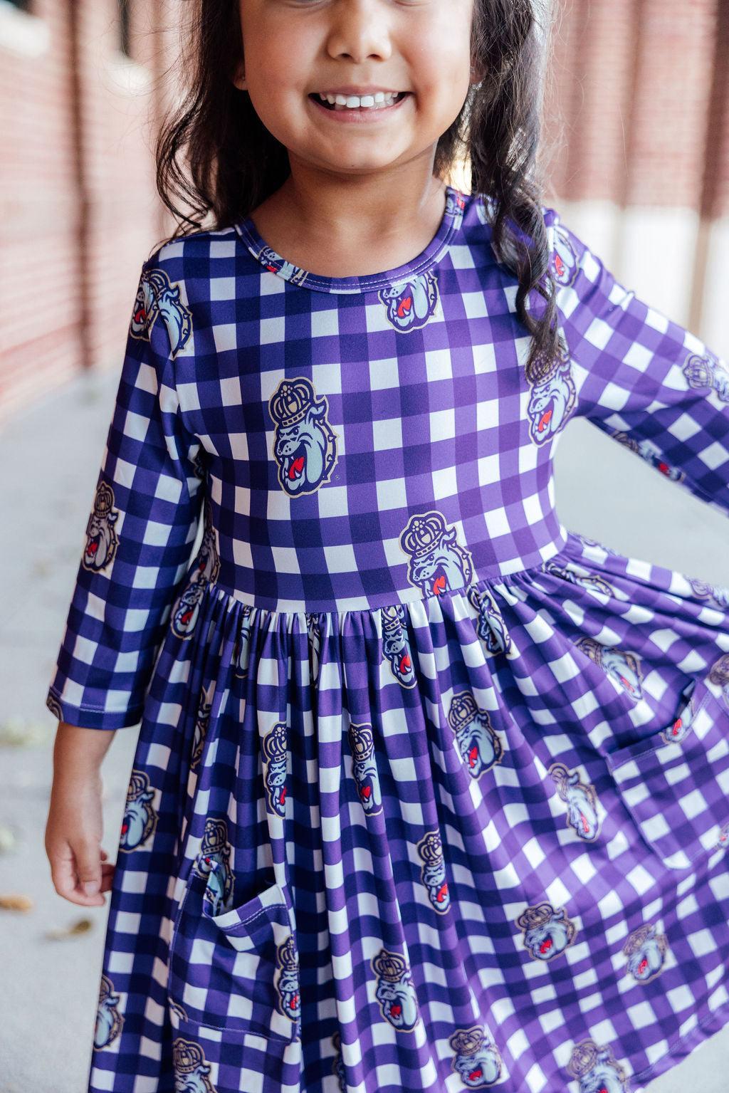 JMU Plaid Duke Dog 3/4 Sleeve Pocket Twirl Dress 4