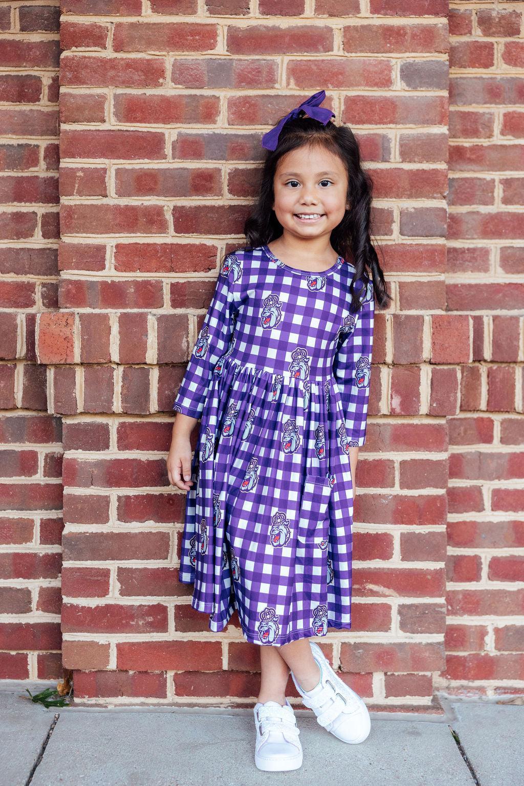 JMU Plaid Duke Dog 3/4 Sleeve Pocket Twirl Dress 5