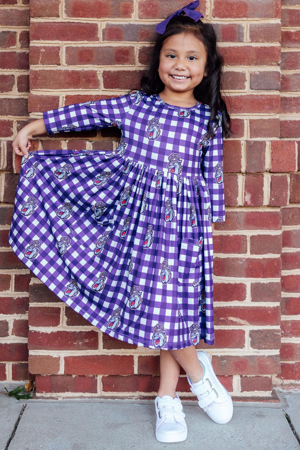 JMU Plaid Duke Dog 3/4 Sleeve Pocket Twirl Dress 1