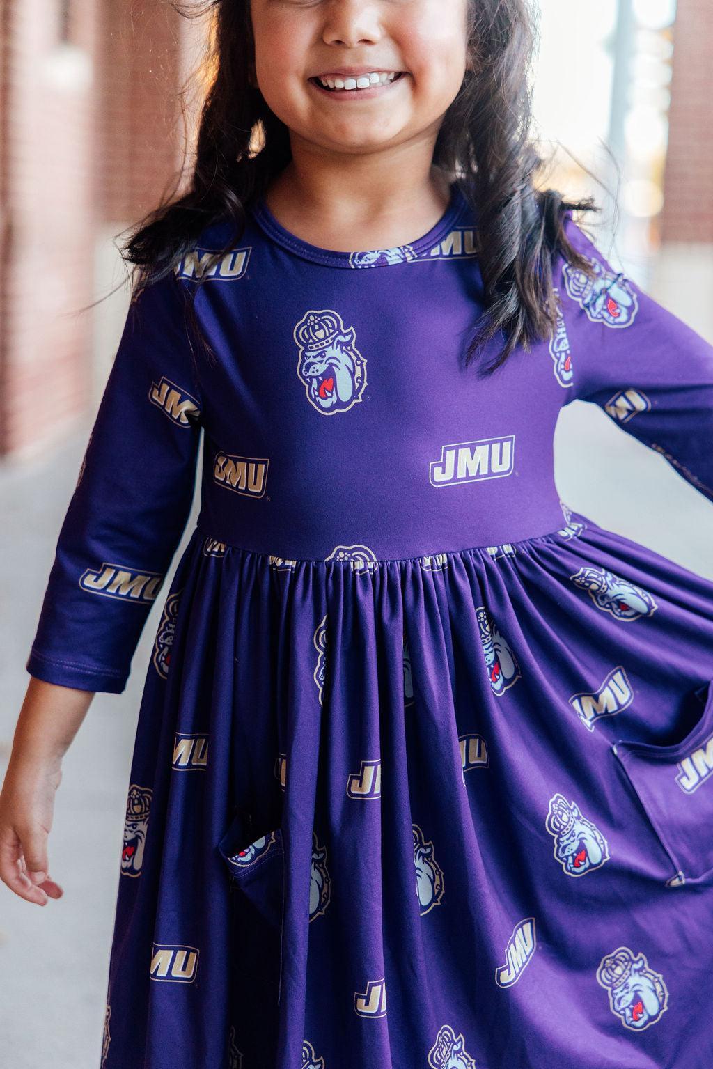 JMU Purple Duke Dog 3/4 Sleeve Pocket Twirl Dress 3