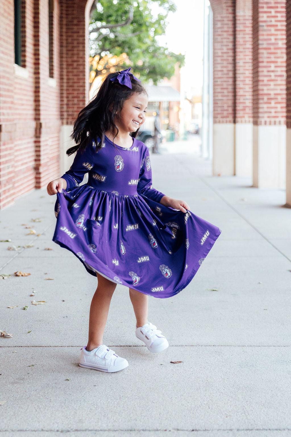 JMU Purple Duke Dog 3/4 Sleeve Pocket Twirl Dress 4