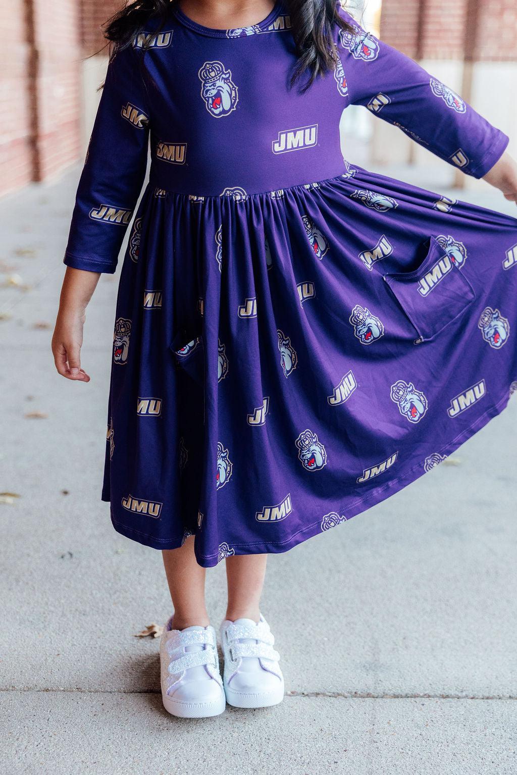JMU Purple Duke Dog 3/4 Sleeve Pocket Twirl Dress 5