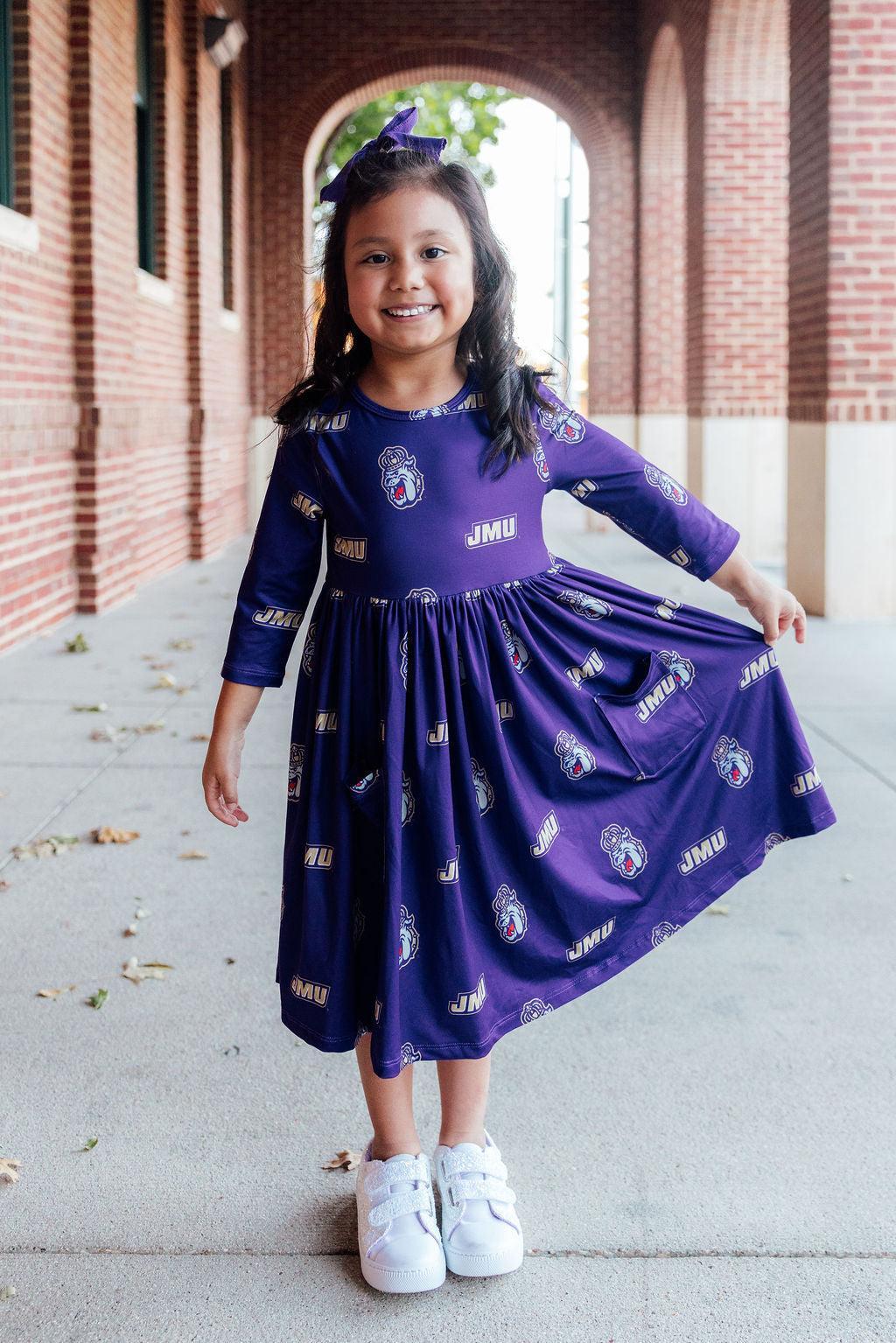 JMU Purple Duke Dog 3/4 Sleeve Pocket Twirl Dress 6