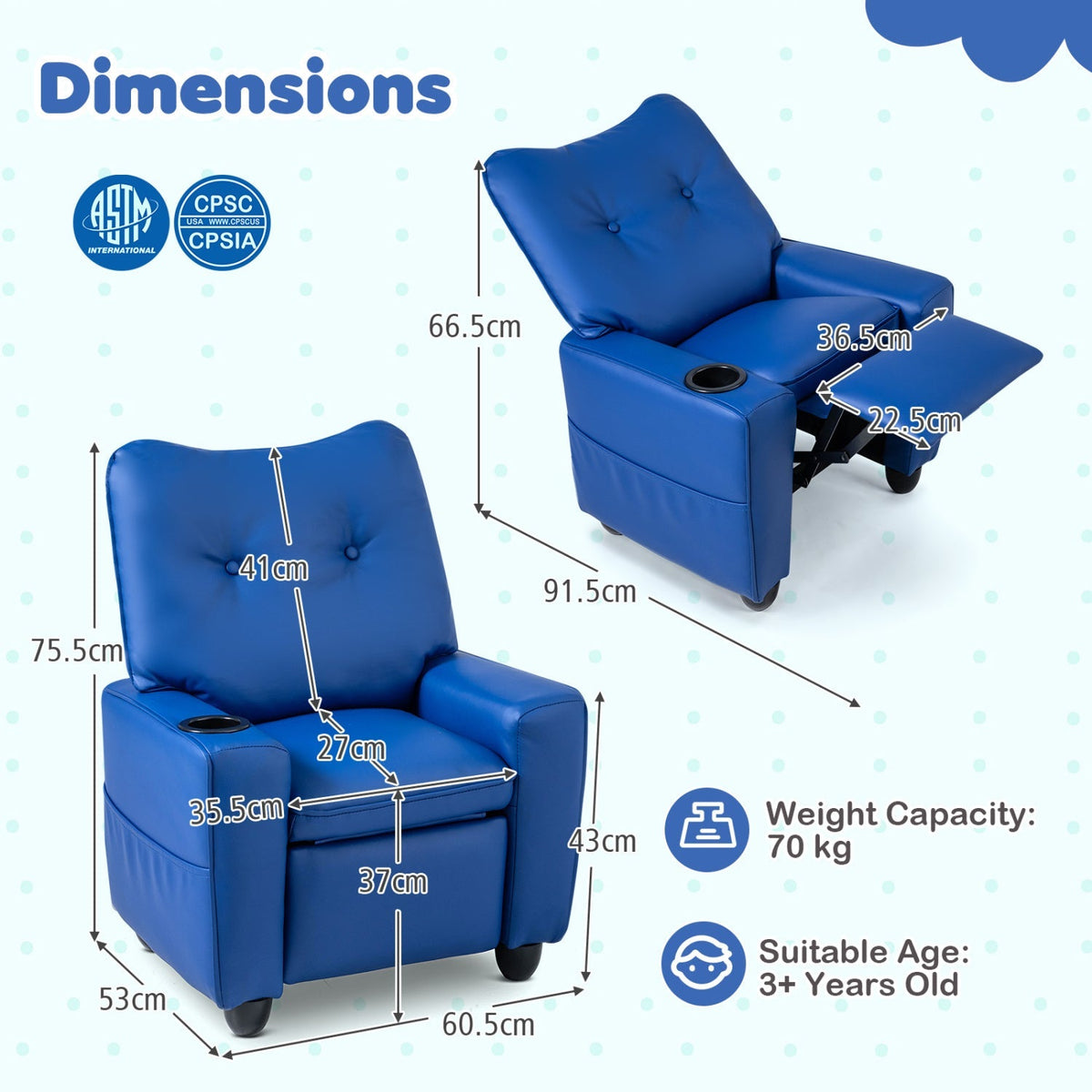 Kids Recliner Chair with Cup Holder and Adjustable Backrest 12