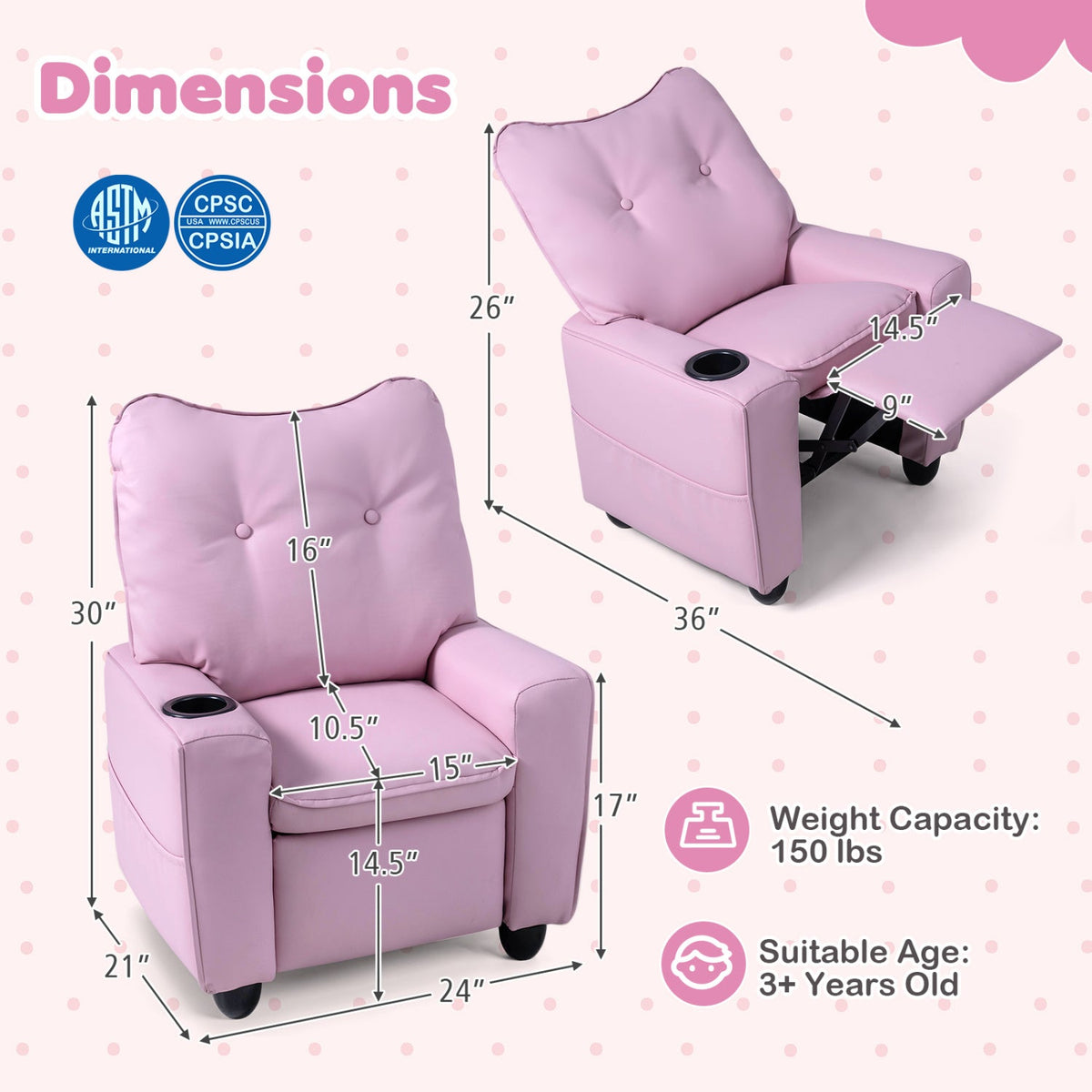 Kids Recliner Chair with Cup Holder and Adjustable Backrest 4