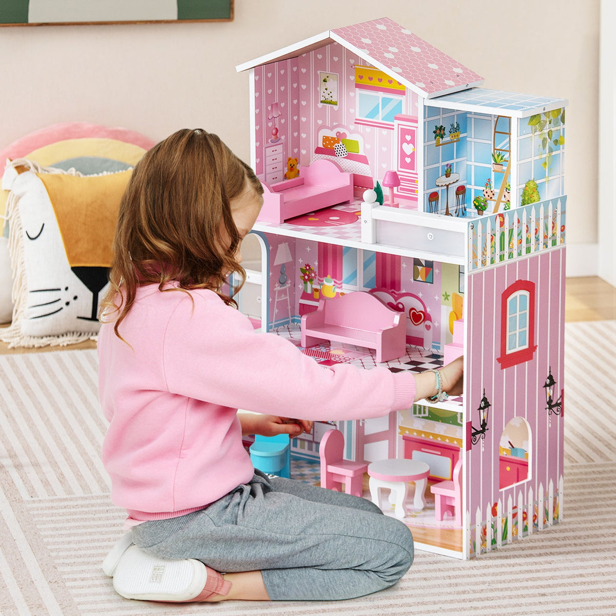 Kids Wooden Dollhouse Playset with 5 Simulated Rooms and 10 Pieces of Furniture-Pink 1