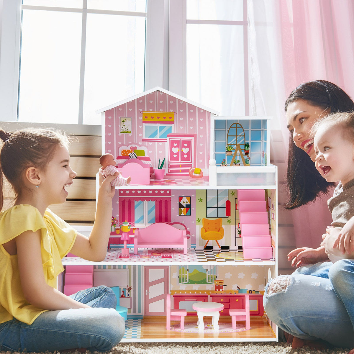Kids Wooden Dollhouse Playset with 5 Simulated Rooms and 10 Pieces of Furniture-Pink 2