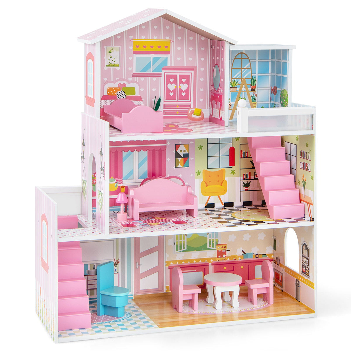 Kids Wooden Dollhouse Playset with 5 Simulated Rooms and 10 Pieces of Furniture-Pink 3