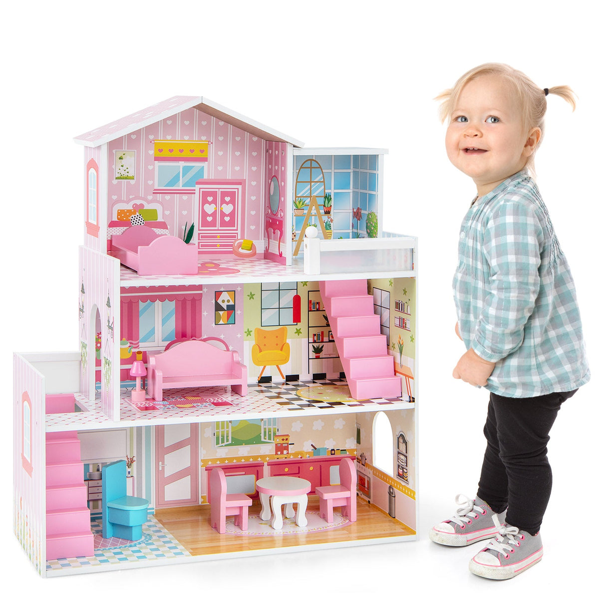 Kids Wooden Dollhouse Playset with 5 Simulated Rooms and 10 Pieces of Furniture-Pink 4