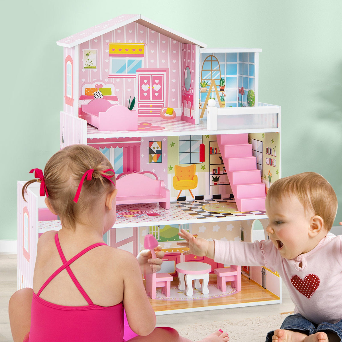 Kids Wooden Dollhouse Playset with 5 Simulated Rooms and 10 Pieces of Furniture-Pink 6
