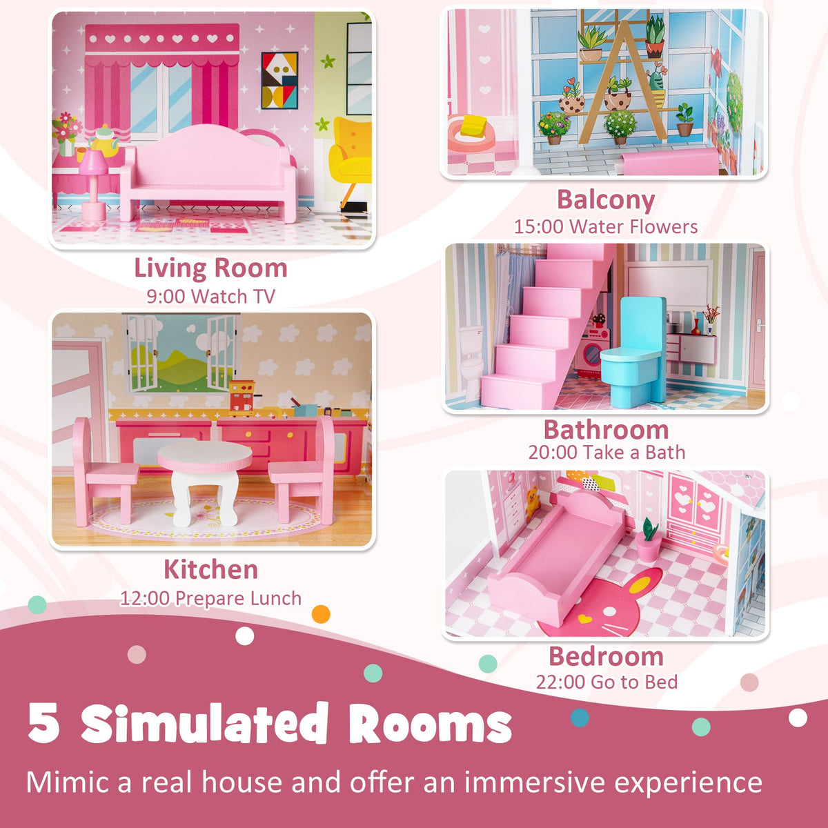 Kids Wooden Dollhouse Playset with 5 Simulated Rooms and 10 Pieces of Furniture-Pink 7