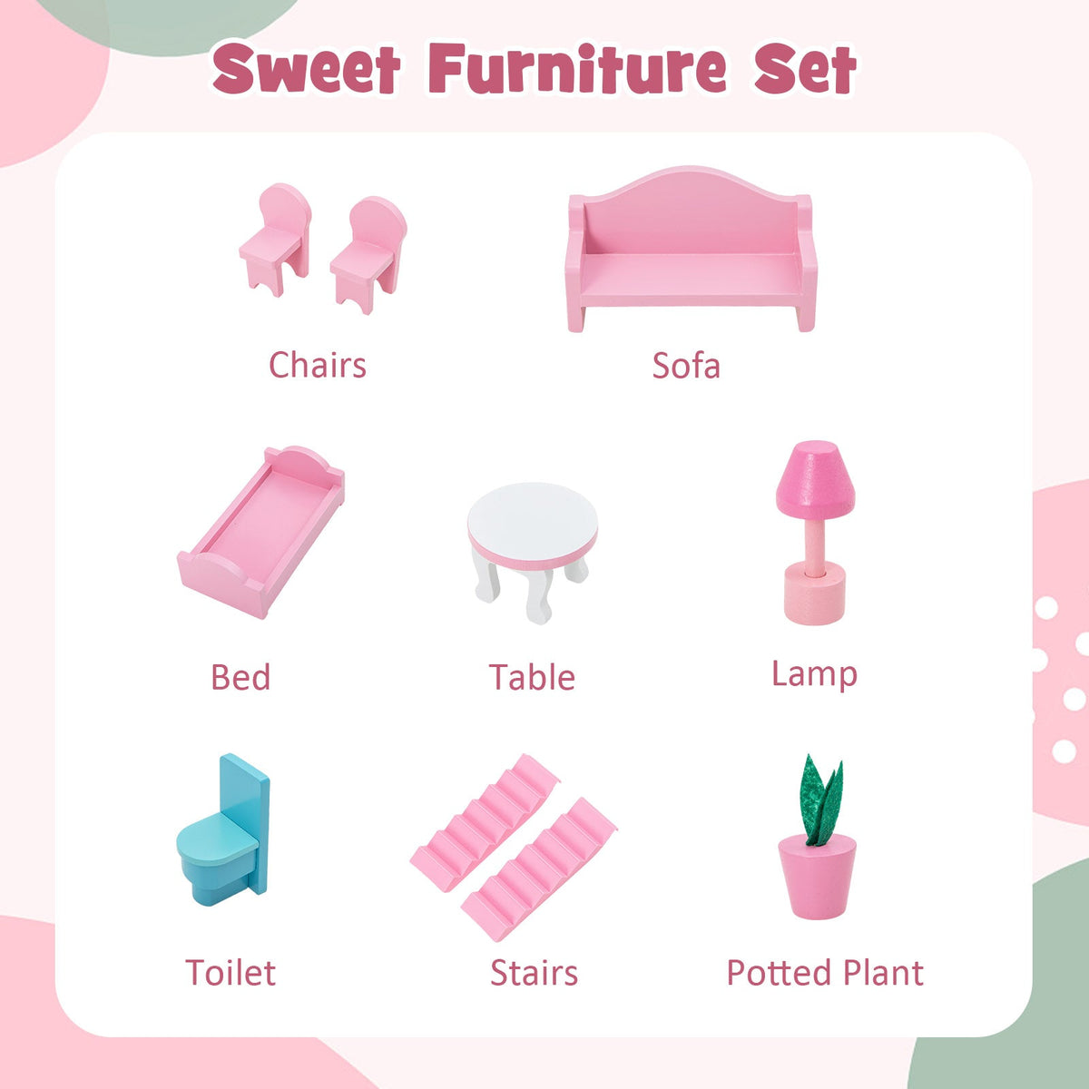 Kids Wooden Dollhouse Playset with 5 Simulated Rooms and 10 Pieces of Furniture-Pink 8
