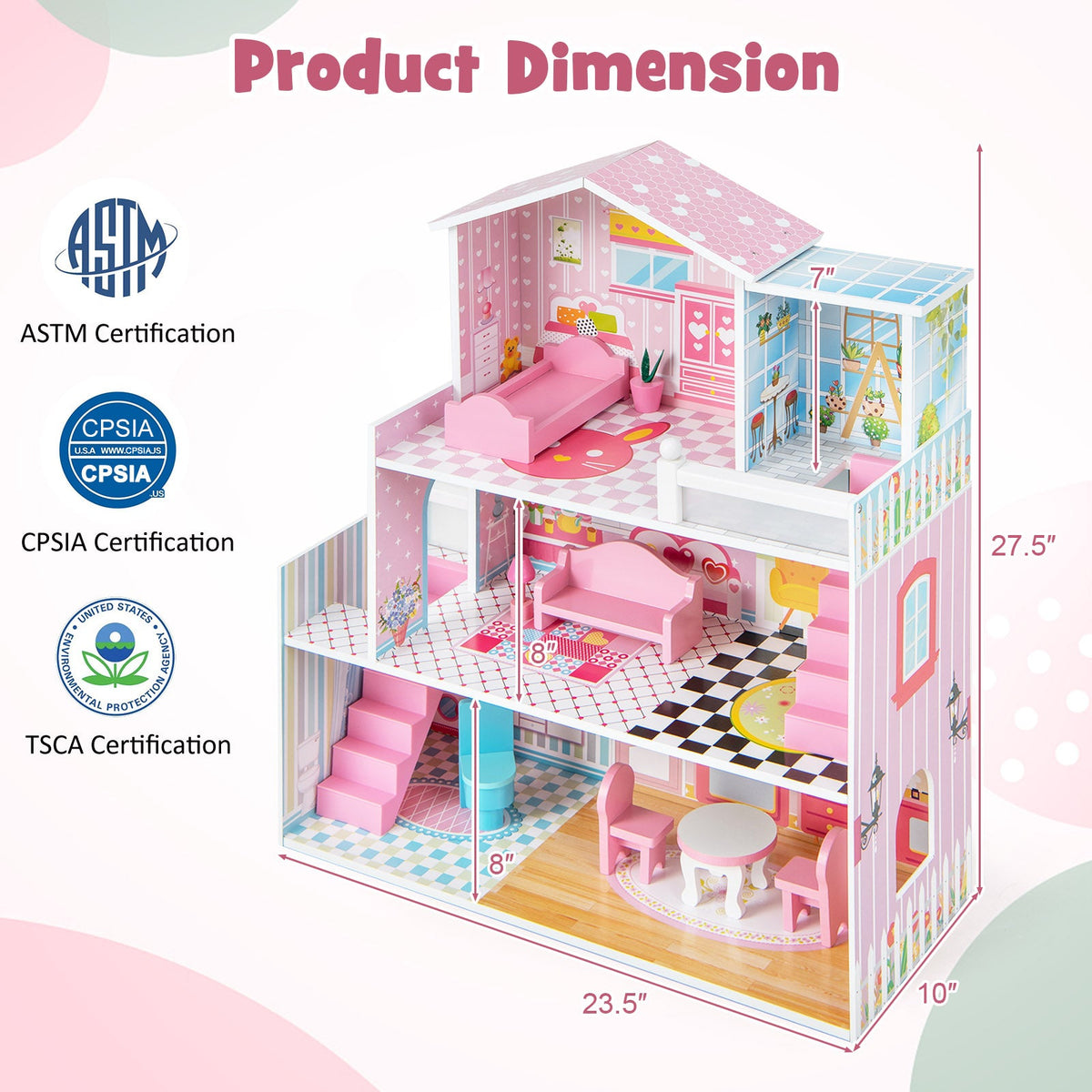 Kids Wooden Dollhouse Playset with 5 Simulated Rooms and 10 Pieces of Furniture-Pink 5